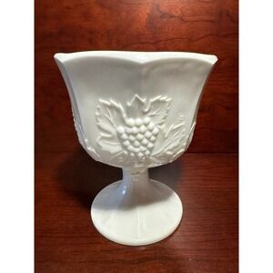Vintage Indiana Glass White Milk Glass Stemmed Goblet Bowl With Grapes & Leaves